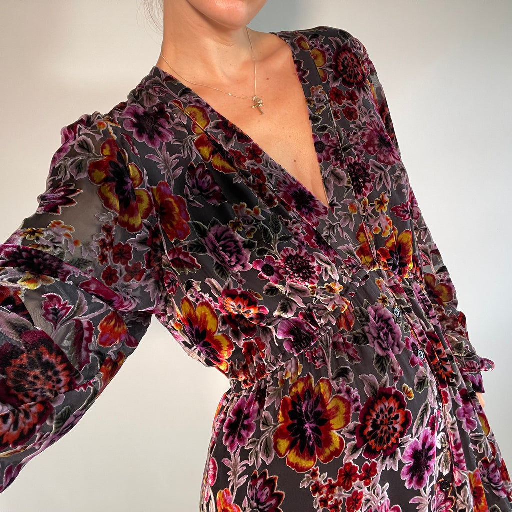 Hale Bob UK XL Dress Silk Blend Purple Velvet Floral Slit Maxi V Neck