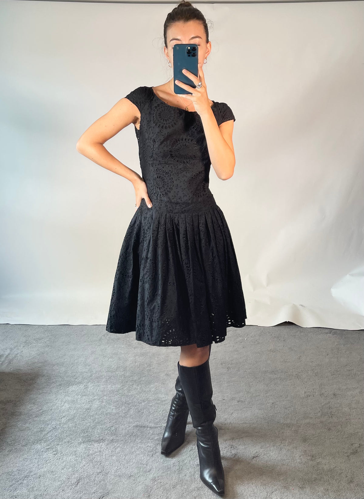 PRADA IT42 UK10 Vintage Dress Black Cotton Broderie Anglaise Pleated Skirt