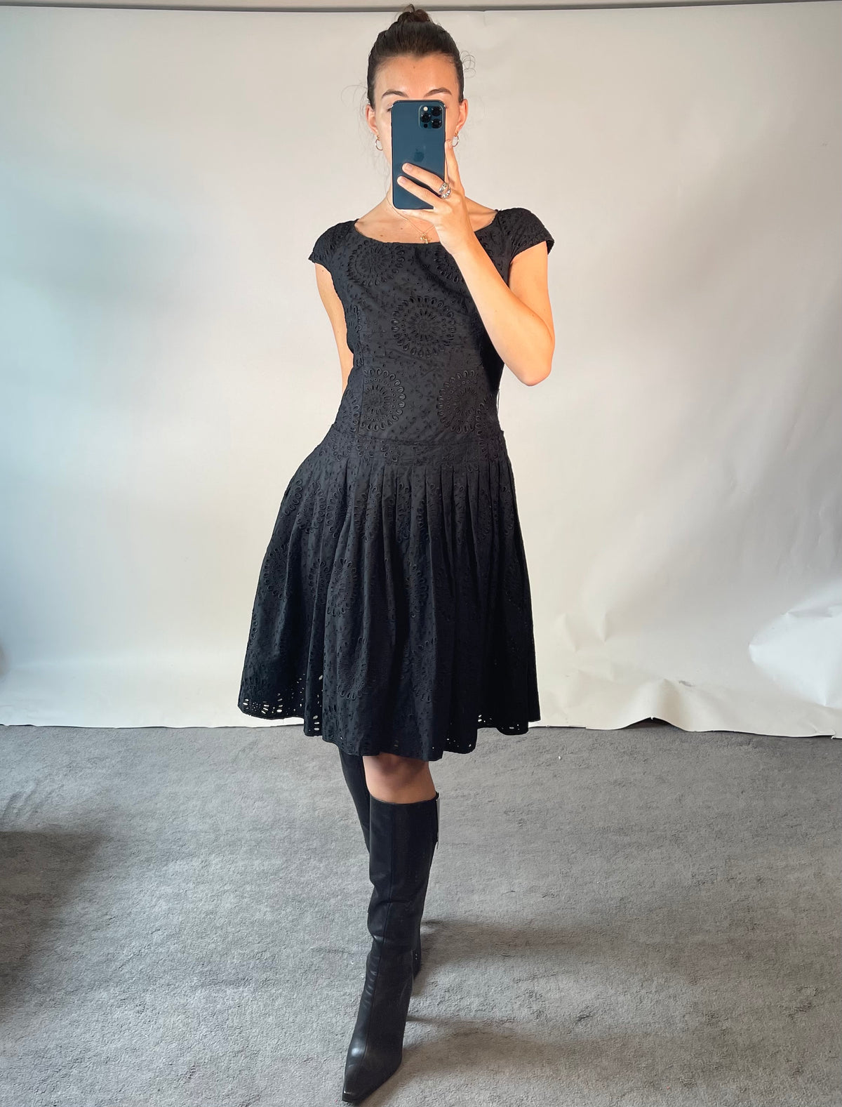 PRADA IT42 UK10 Vintage Dress Black Cotton Broderie Anglaise Pleated Skirt