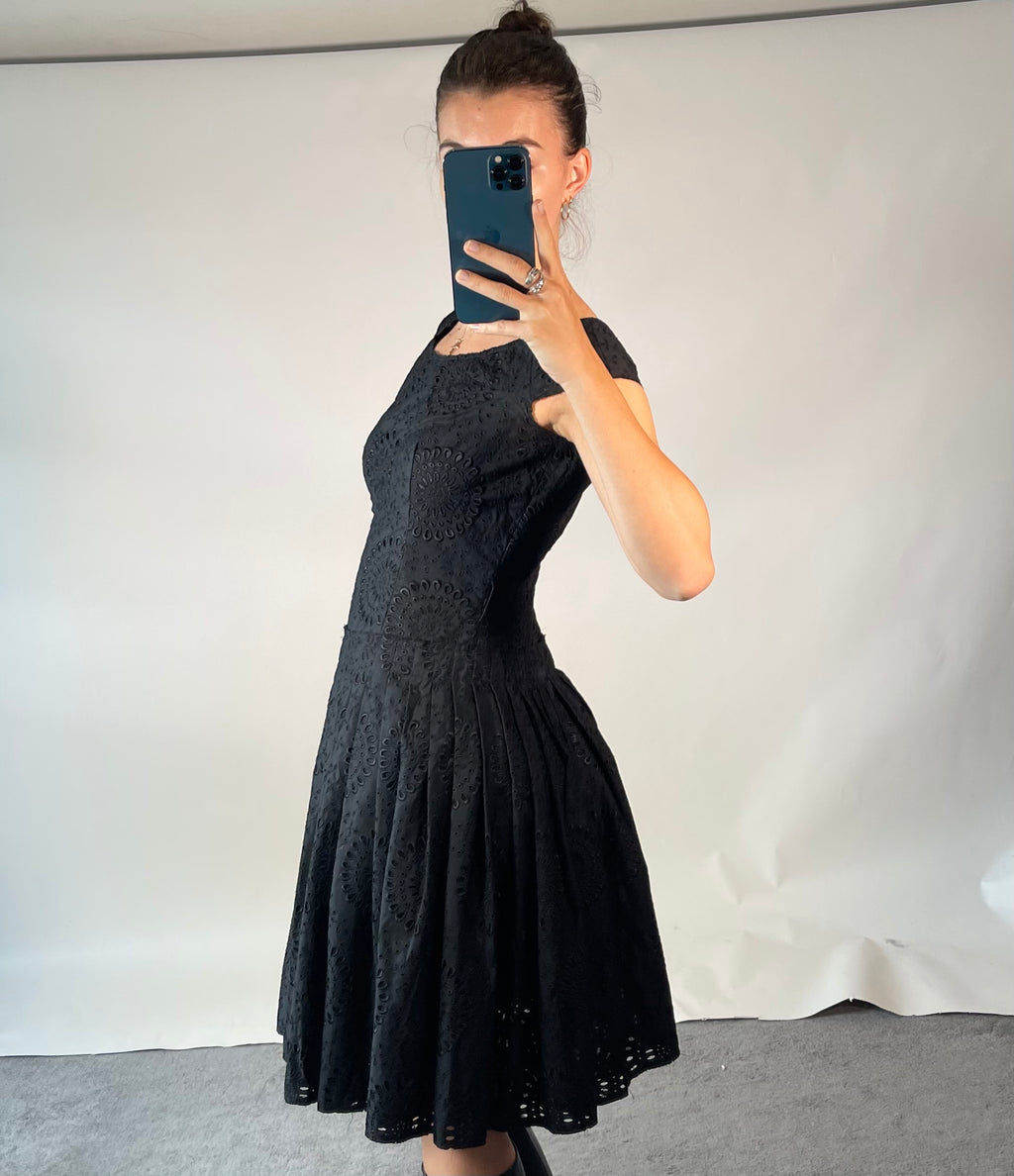 PRADA IT42 UK10 Vintage Dress Black Cotton Broderie Anglaise Pleated Skirt
