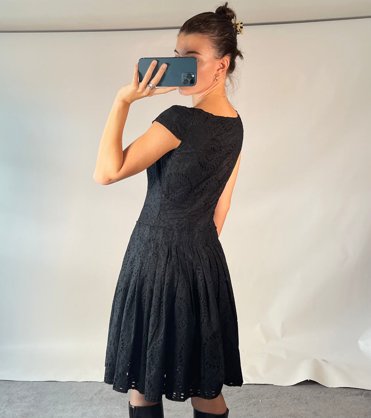 PRADA IT42 UK10 Vintage Dress Black Cotton Broderie Anglaise Pleated Skirt