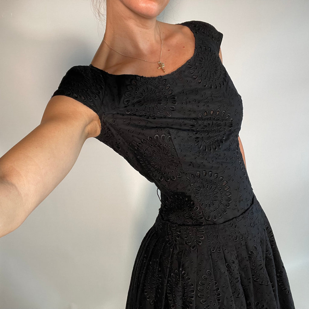 PRADA IT42 UK10 Vintage Dress Black Cotton Broderie Anglaise Pleated Skirt