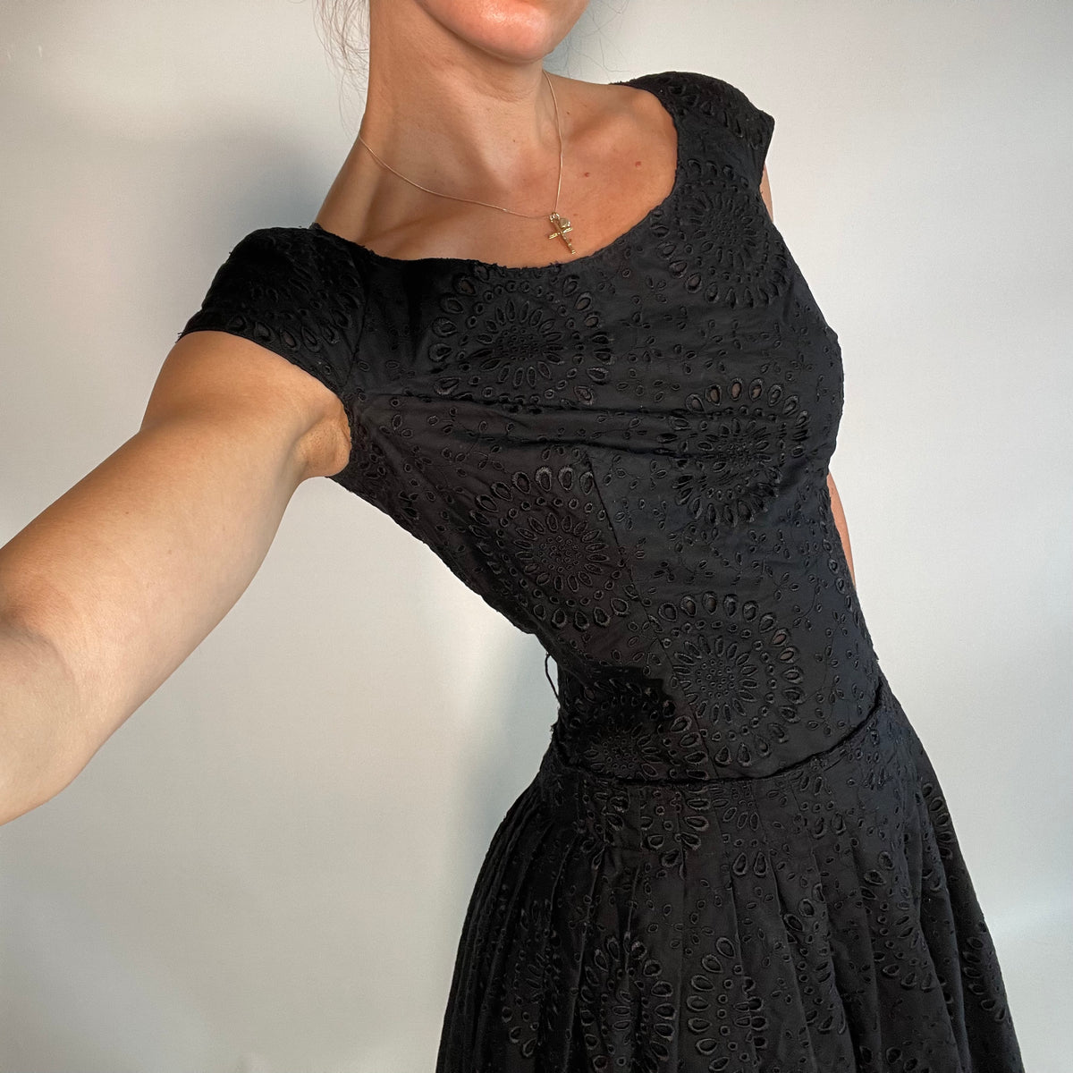 PRADA IT42 UK10 Vintage Dress Black Cotton Broderie Anglaise Pleated Skirt