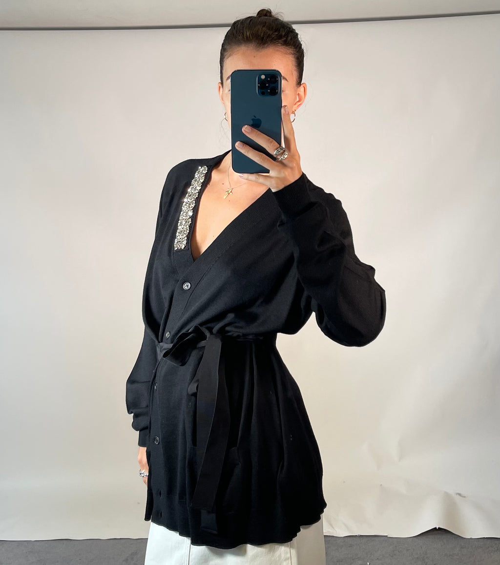 PRADA IT44 UK12 Cardigan Black Wool Knit Belted V Neck Diamante Detail