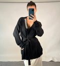 PRADA IT44 UK12 Cardigan Black Wool Knit Belted V Neck Diamante Detail