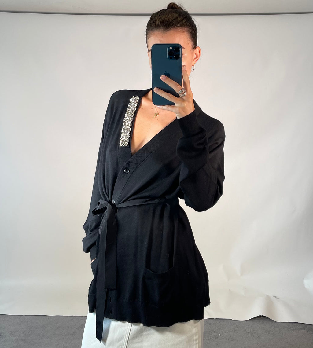 PRADA IT44 UK12 Cardigan Black Wool Knit Belted V Neck Diamante Detail