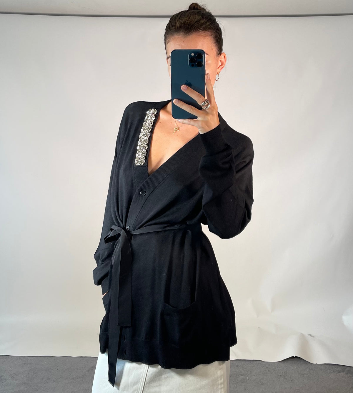 PRADA IT44 UK12 Cardigan Black Wool Knit Belted V Neck Diamante Detail
