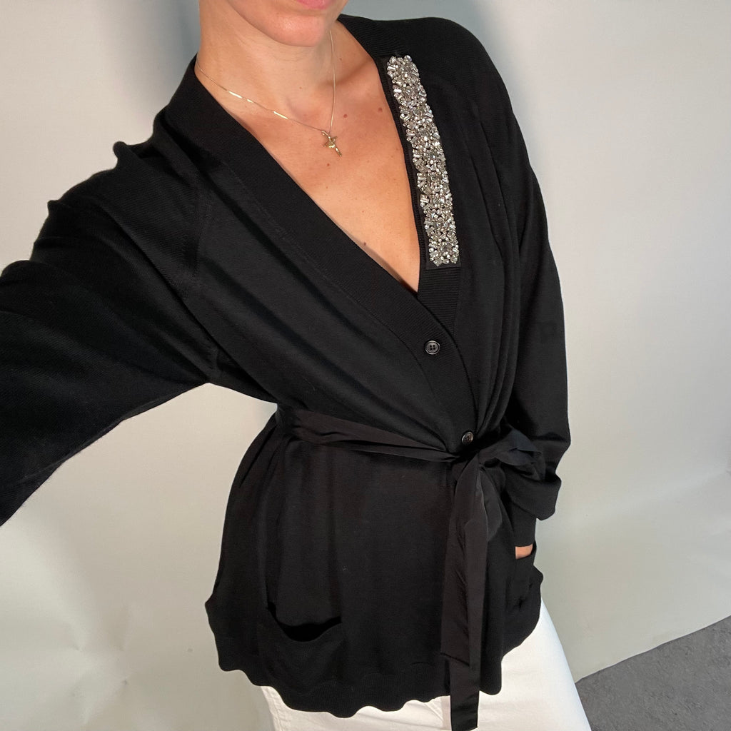 PRADA IT44 UK12 Cardigan Black Wool Knit Belted V Neck Diamante Detail