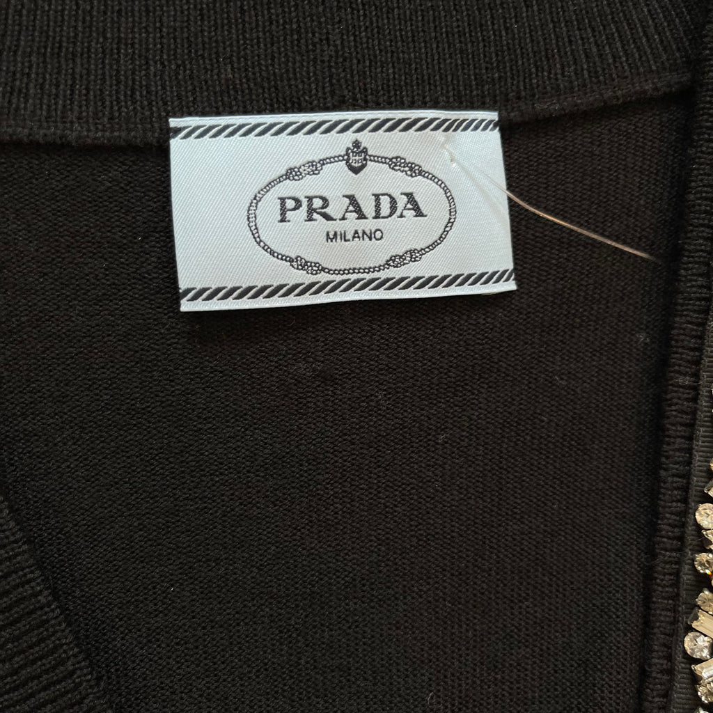 PRADA IT44 UK12 Cardigan Black Wool Knit Belted V Neck Diamante Detail