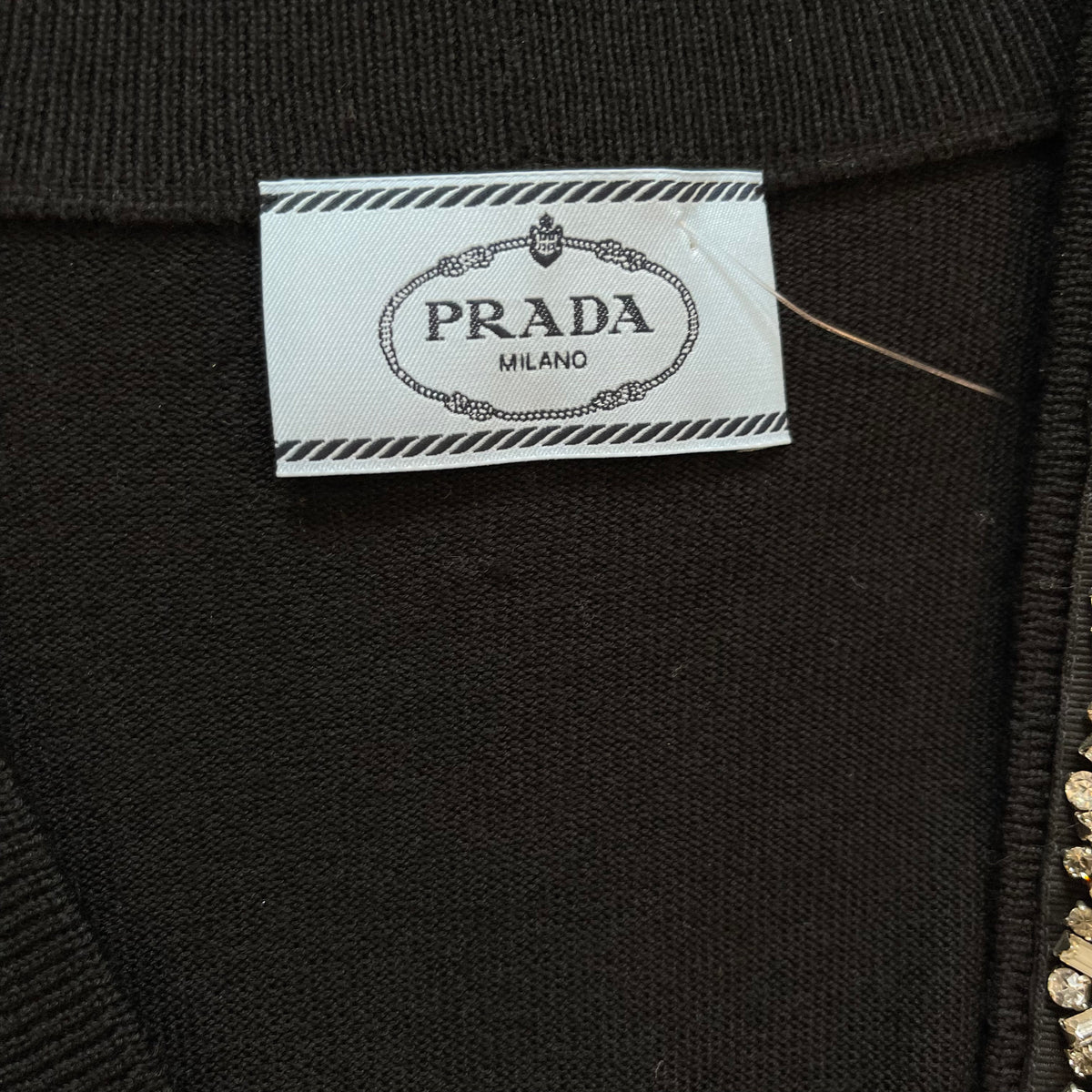 PRADA IT44 UK12 Cardigan Black Wool Knit Belted V Neck Diamante Detail