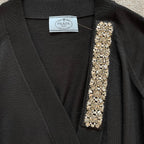 PRADA IT44 UK12 Cardigan Black Wool Knit Belted V Neck Diamante Detail