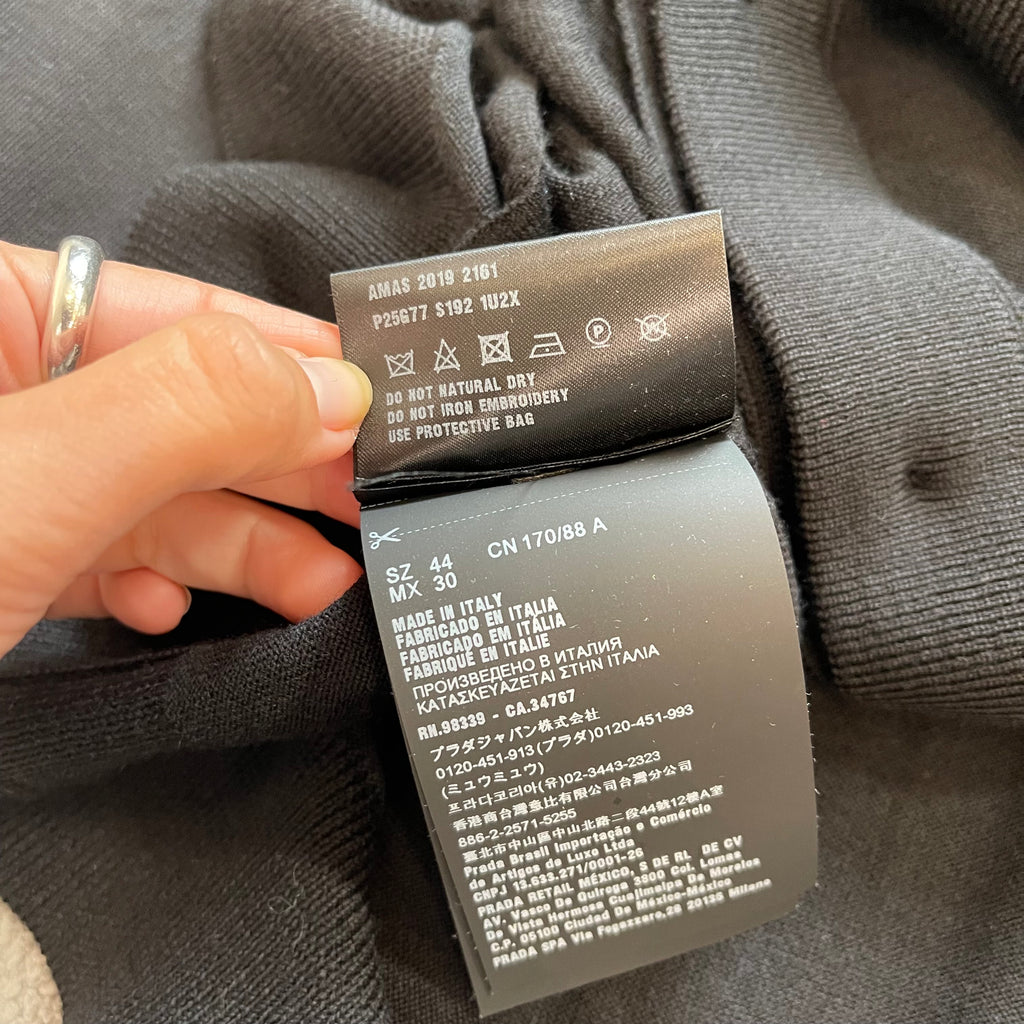 PRADA IT44 UK12 Cardigan Black Wool Knit Belted V Neck Diamante Detail