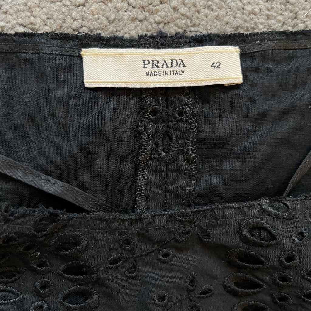 PRADA IT42 UK10 Vintage Dress Black Cotton Broderie Anglaise Pleated Skirt