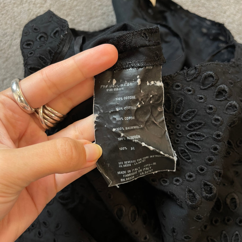 PRADA IT42 UK10 Vintage Dress Black Cotton Broderie Anglaise Pleated Skirt
