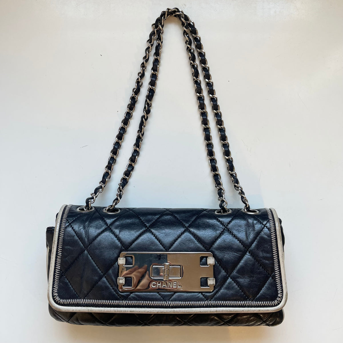 CHANEL 2008/9 Black Lambskin East West Cream Trim