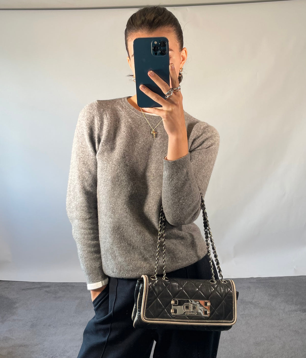 CHANEL 2008/9 Black Lambskin East West Cream Trim