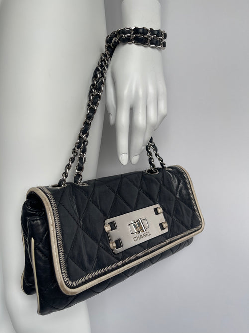 CHANEL 2008/9 Black Lambskin East West Cream Trim