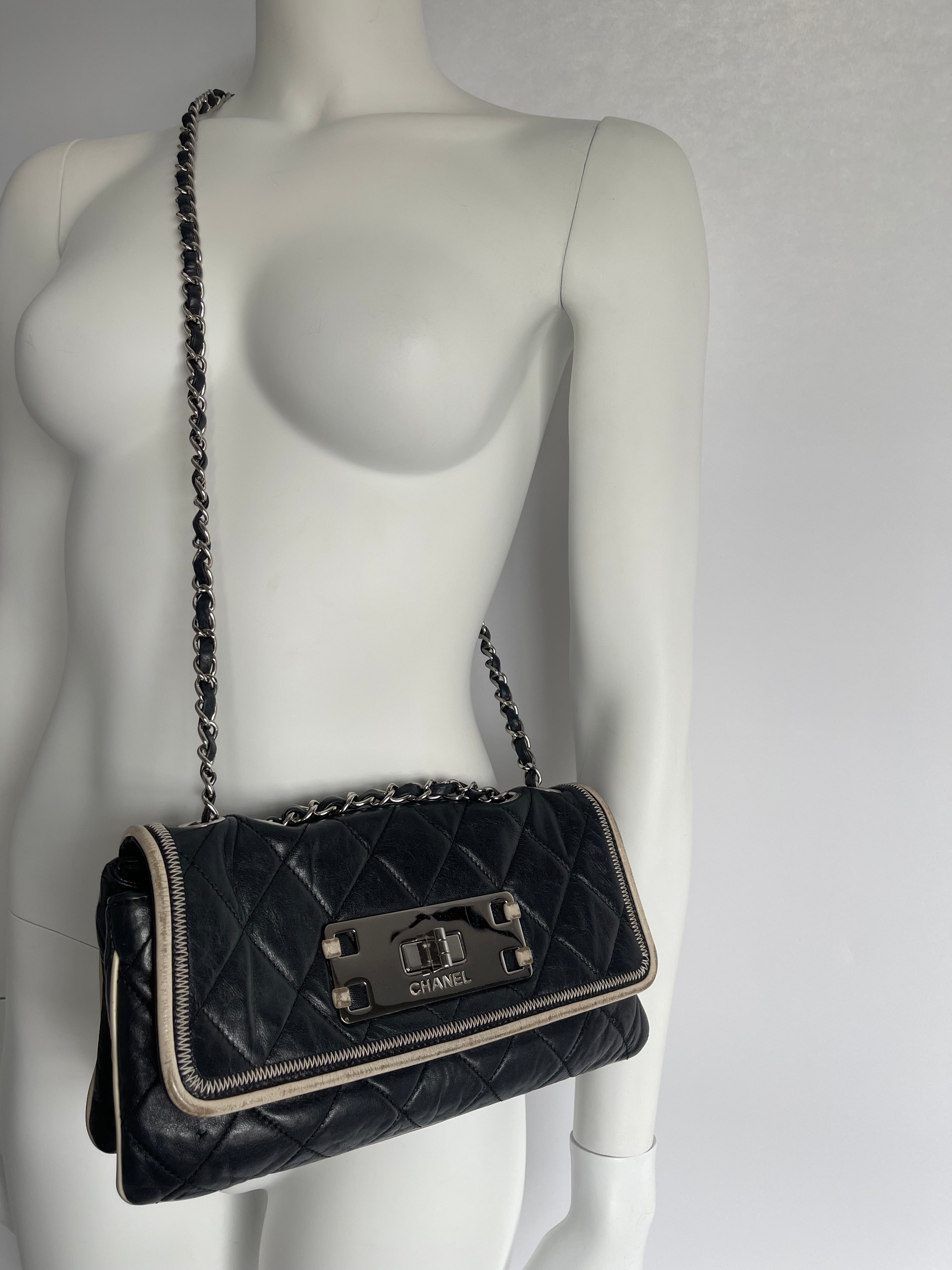 CHANEL 2008/9 Black Lambskin East West Cream Trim