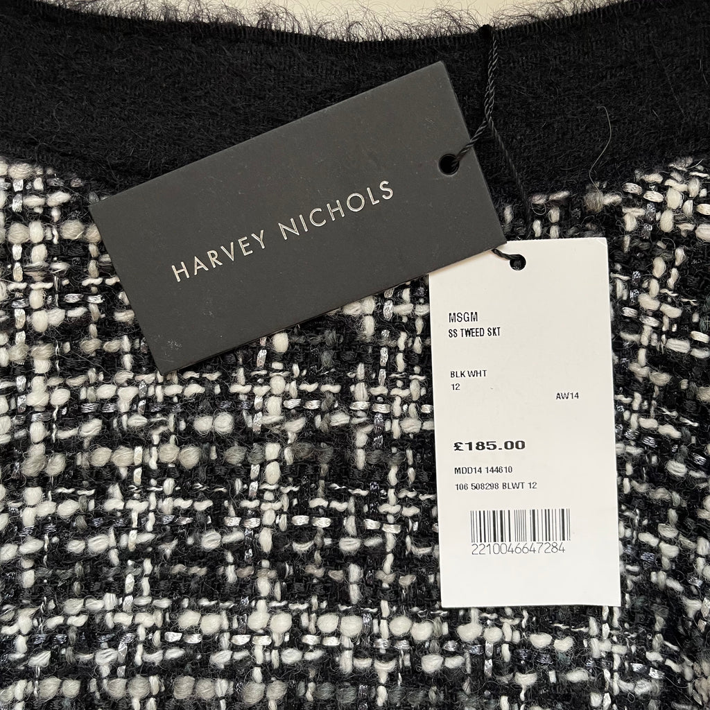 MSGM Black and White Tweed Skirt with Fringed Hem