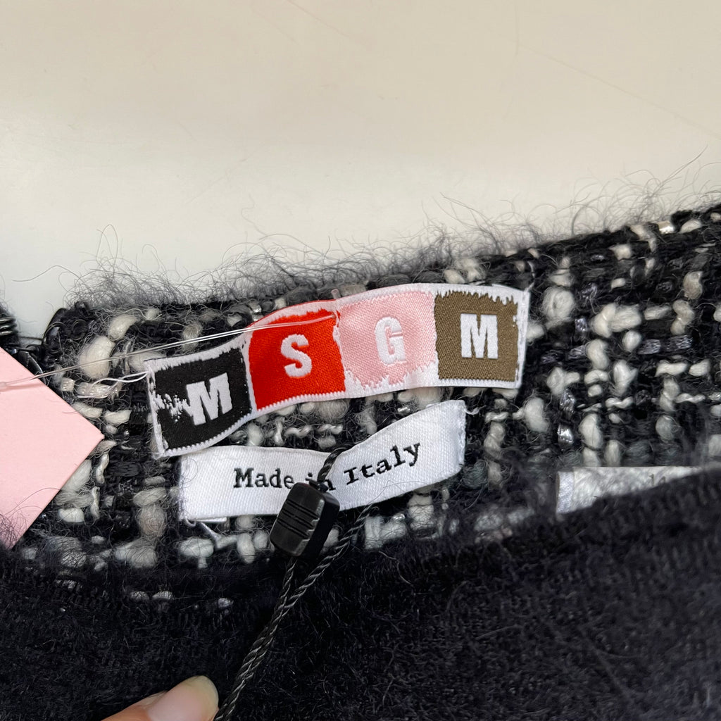 MSGM Black and White Tweed Skirt with Fringed Hem