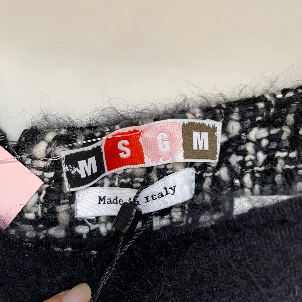 MSGM Black and White Tweed Skirt with Fringed Hem