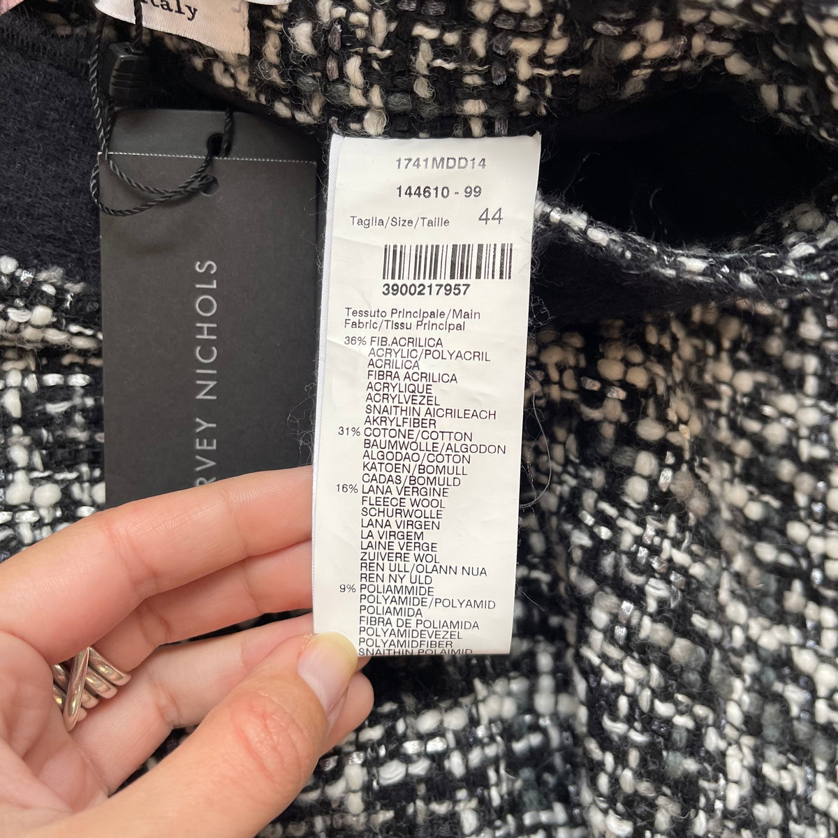 MSGM Black and White Tweed Skirt with Fringed Hem