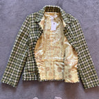 Perry Ellis Green Houndstooth Wool Jacket with Fringed Trim