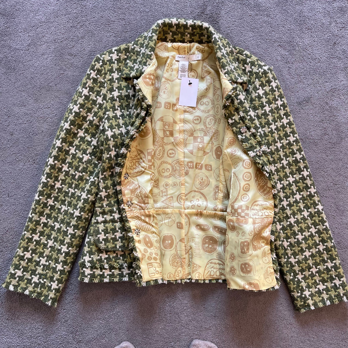 Perry Ellis Green Houndstooth Wool Jacket with Fringed Trim