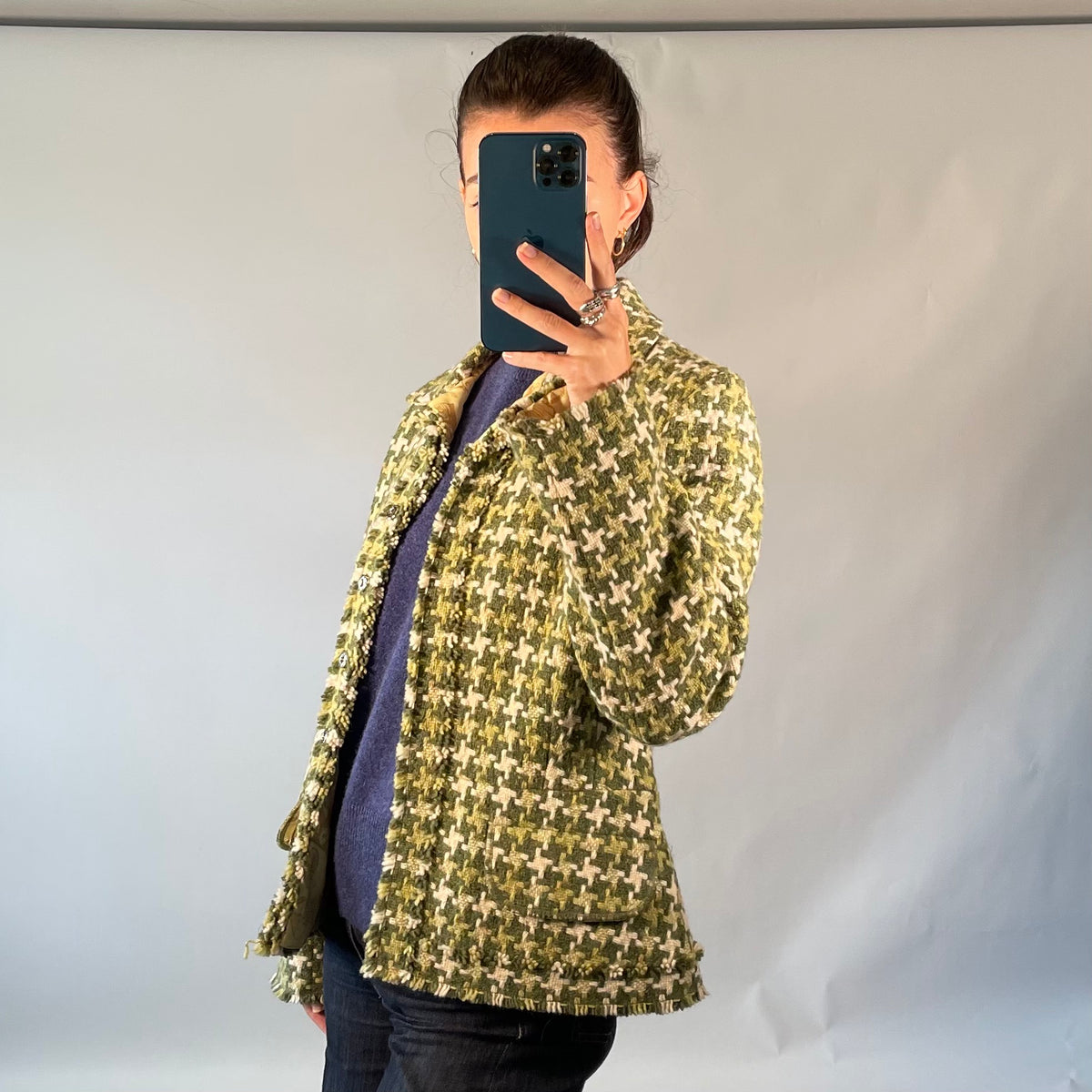 Perry Ellis Green Houndstooth Wool Jacket with Fringed Trim