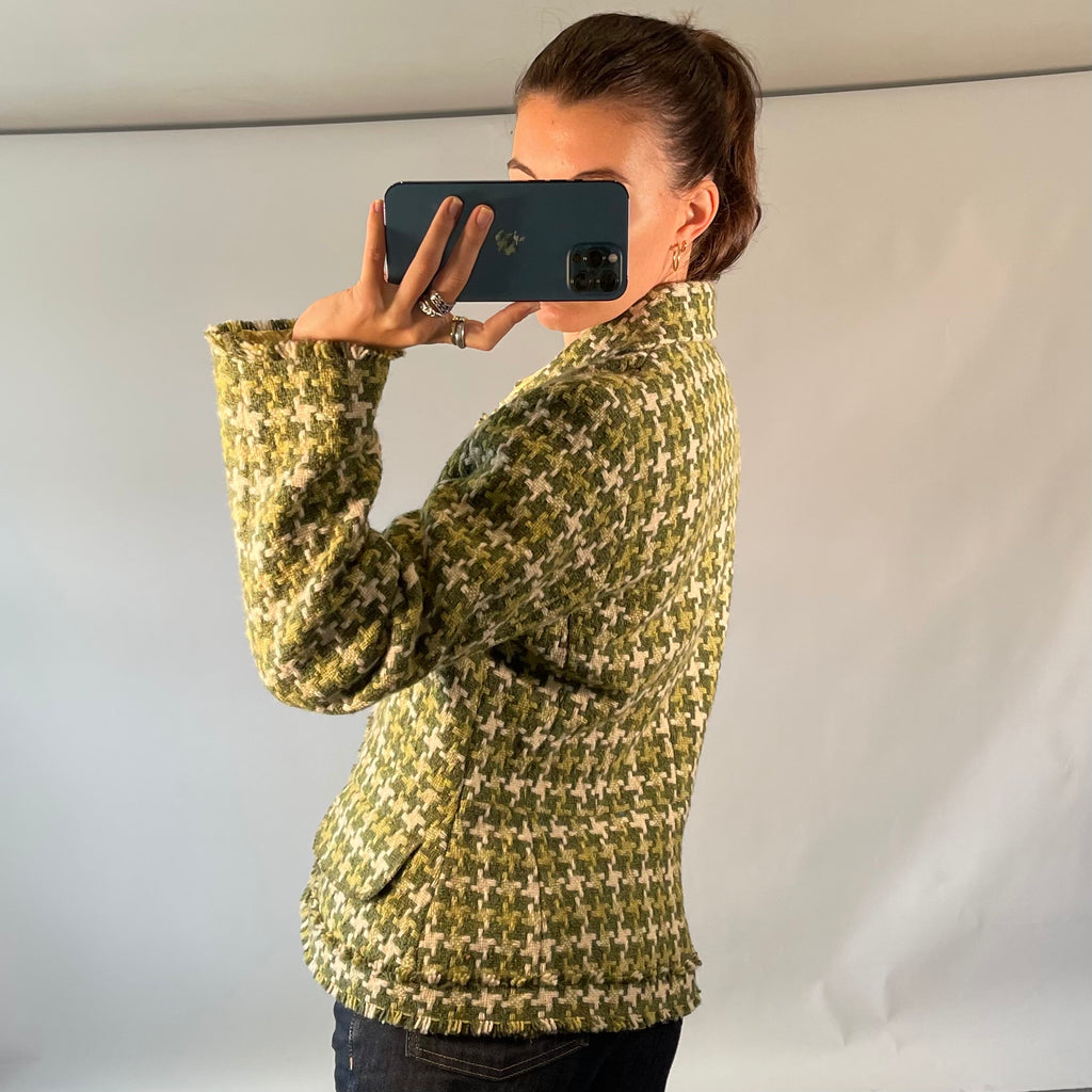 Perry Ellis Green Houndstooth Wool Jacket with Fringed Trim
