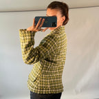 Perry Ellis Green Houndstooth Wool Jacket with Fringed Trim