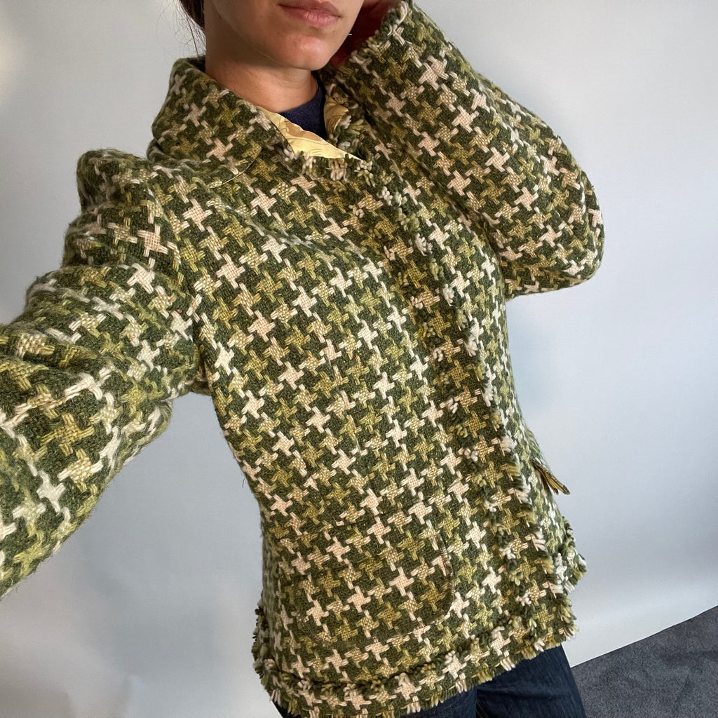 Perry Ellis Green Houndstooth Wool Jacket with Fringed Trim