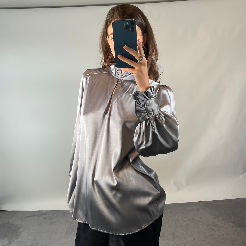 Dea Kudibal Grey Silk Satin Blouse with Balloon Sleeves