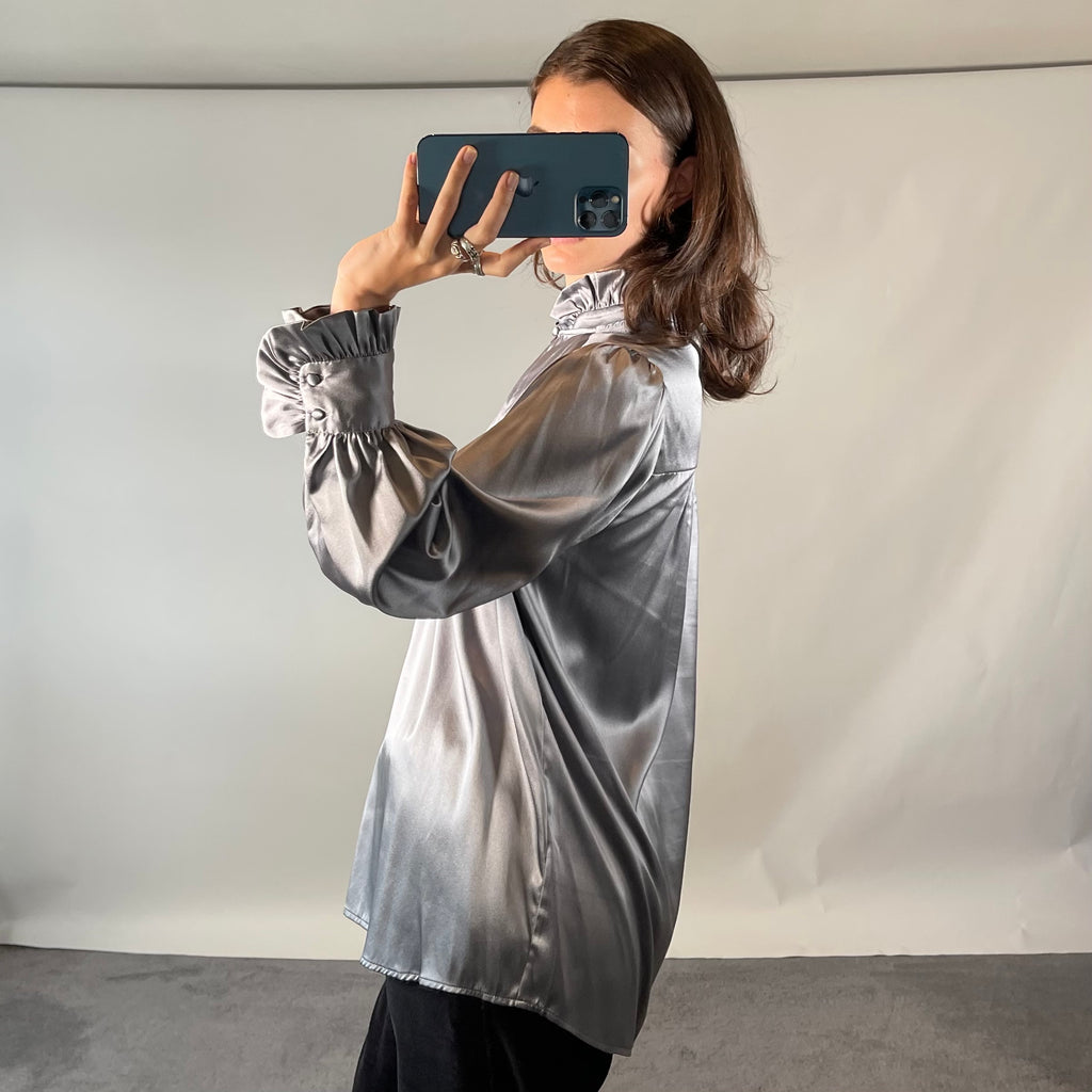 Dea Kudibal Grey Silk Satin Blouse with Balloon Sleeves