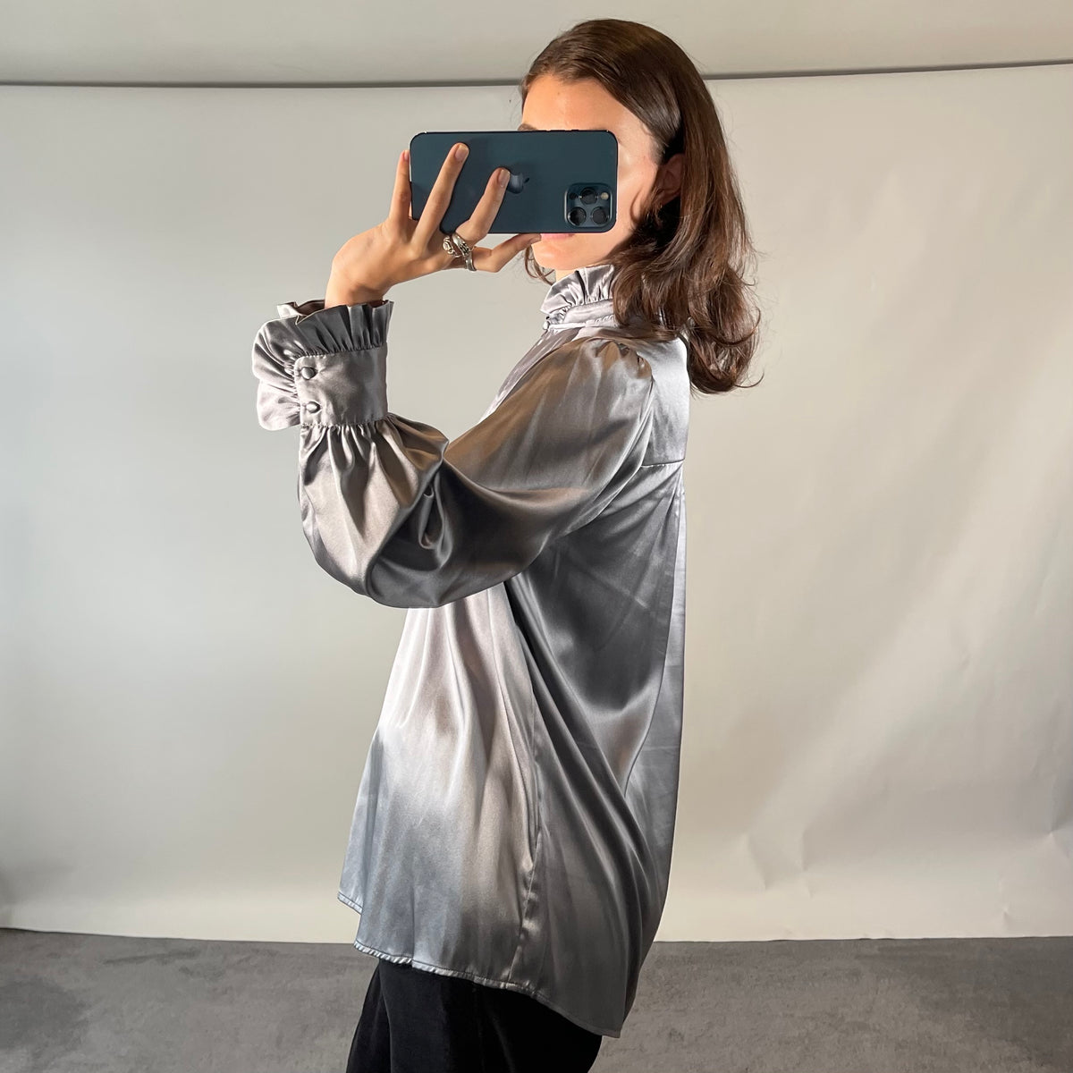 Dea Kudibal Grey Silk Satin Blouse with Balloon Sleeves