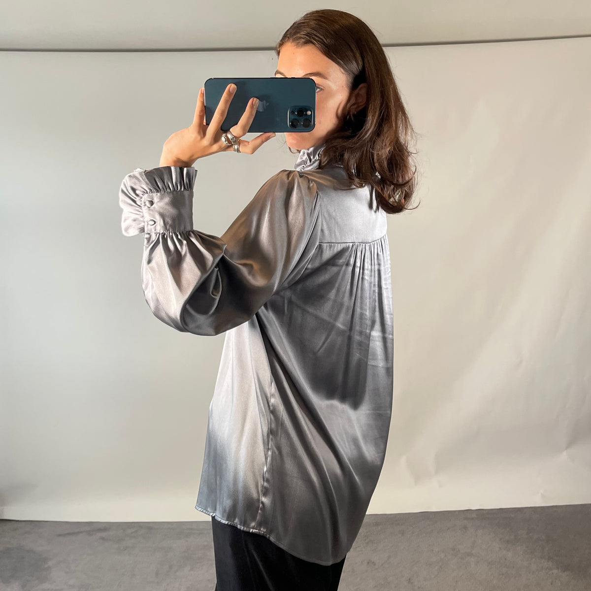 Dea Kudibal Grey Silk Satin Blouse with Balloon Sleeves