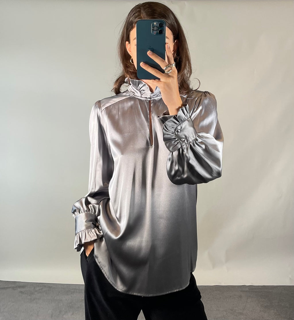 Dea Kudibal Grey Silk Satin Blouse with Balloon Sleeves