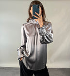 Dea Kudibal Grey Silk Satin Blouse with Balloon Sleeves