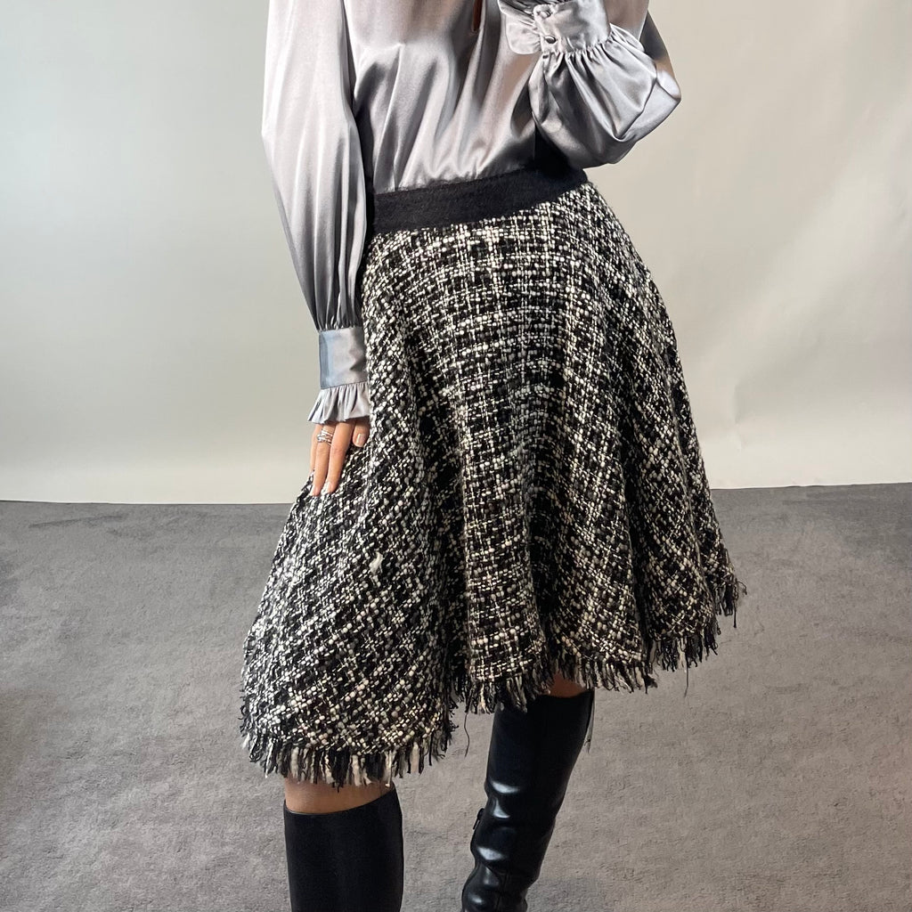 MSGM Black and White Tweed Skirt with Fringed Hem