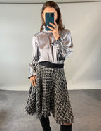 MSGM Black and White Tweed Skirt with Fringed Hem