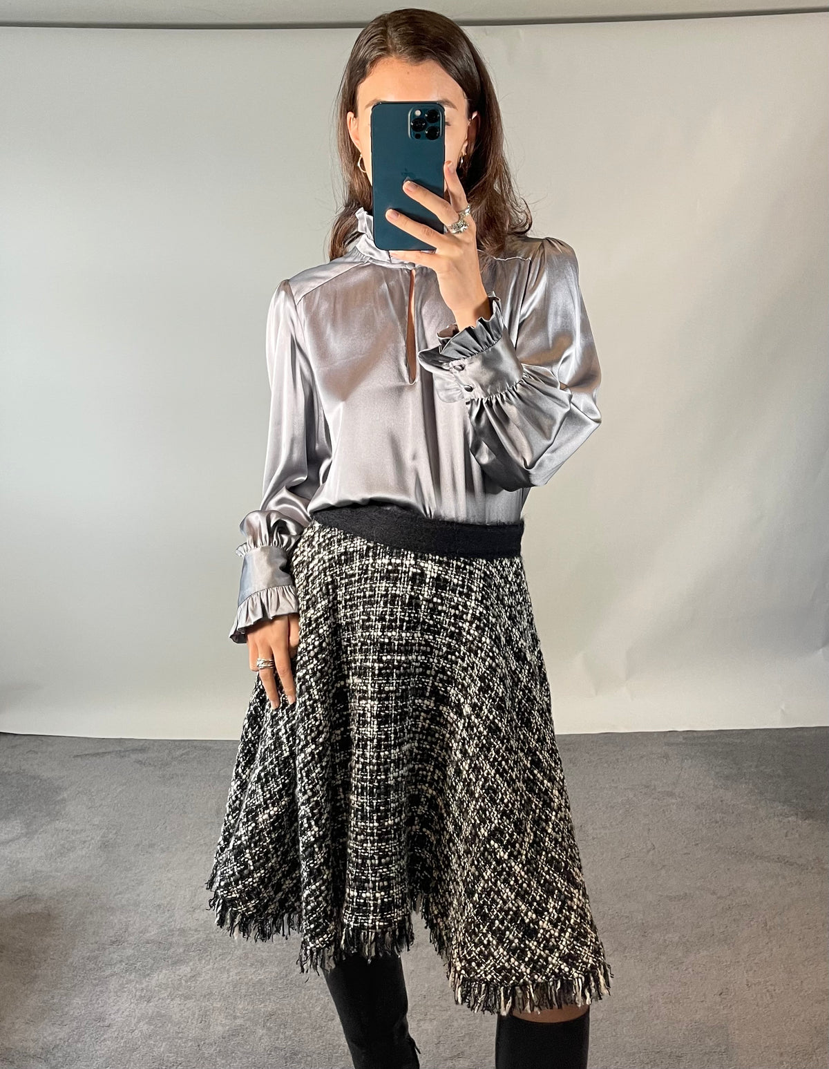MSGM Black and White Tweed Skirt with Fringed Hem