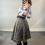MSGM Black and White Tweed Skirt with Fringed Hem
