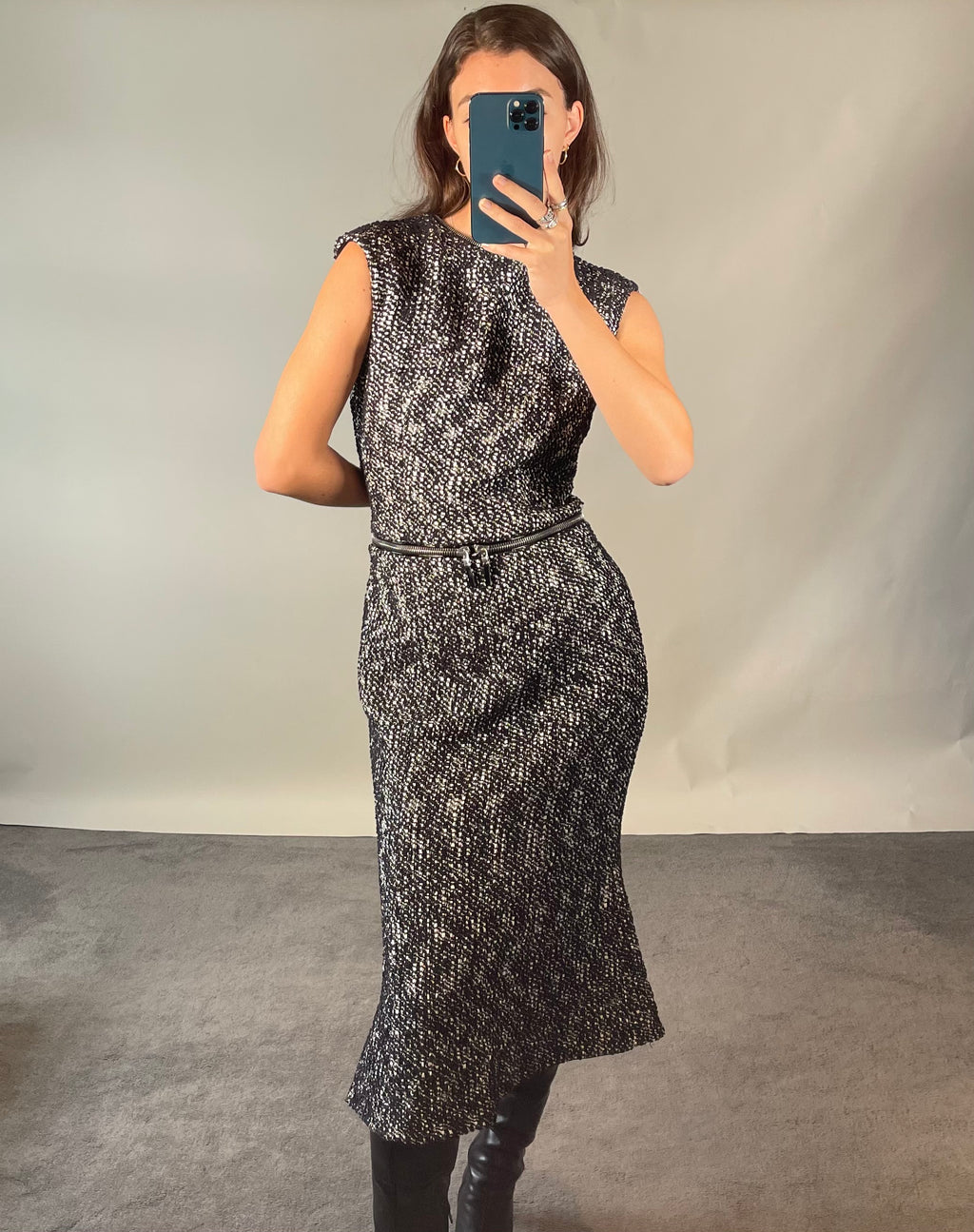Alexander McQueen Black and White Tweed Pencil Dress