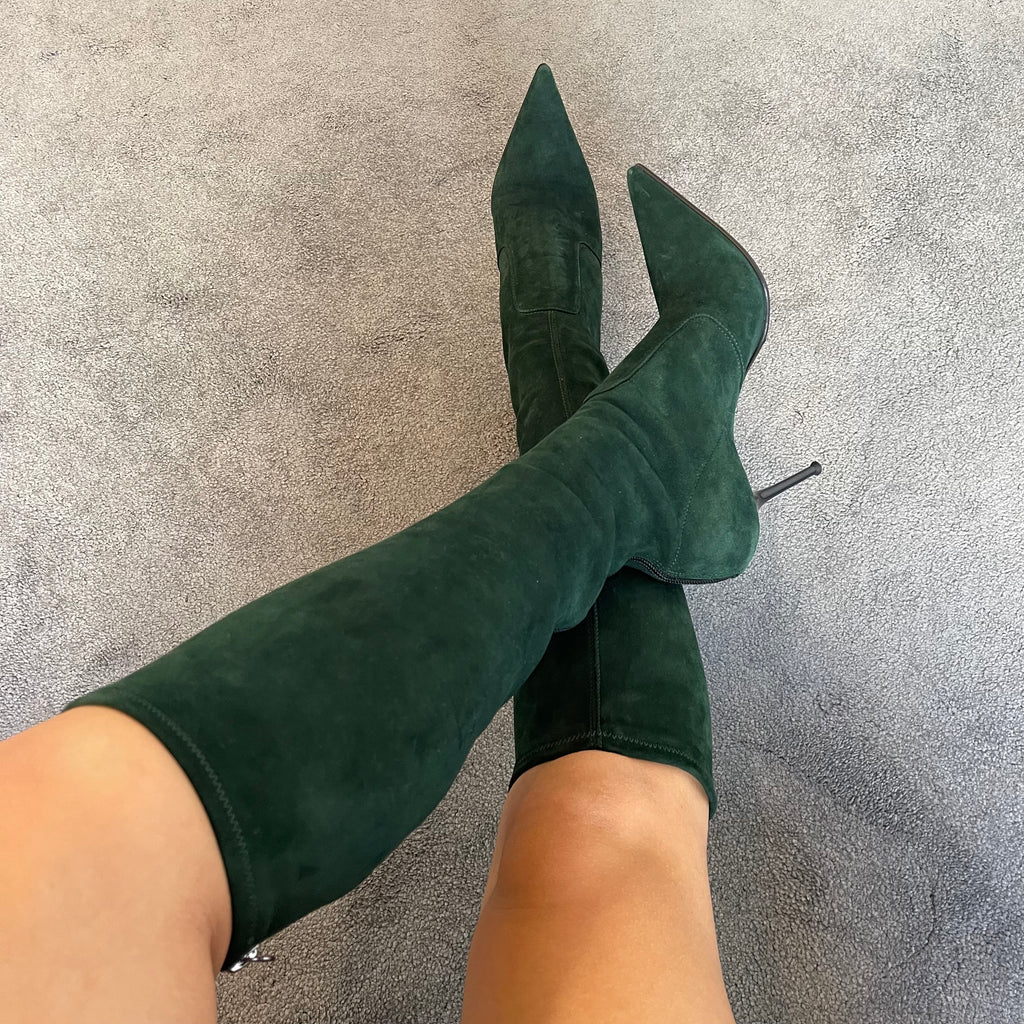 Le Silla Bottle Green Suede Pointed Toe Knee-High Stiletto Boots