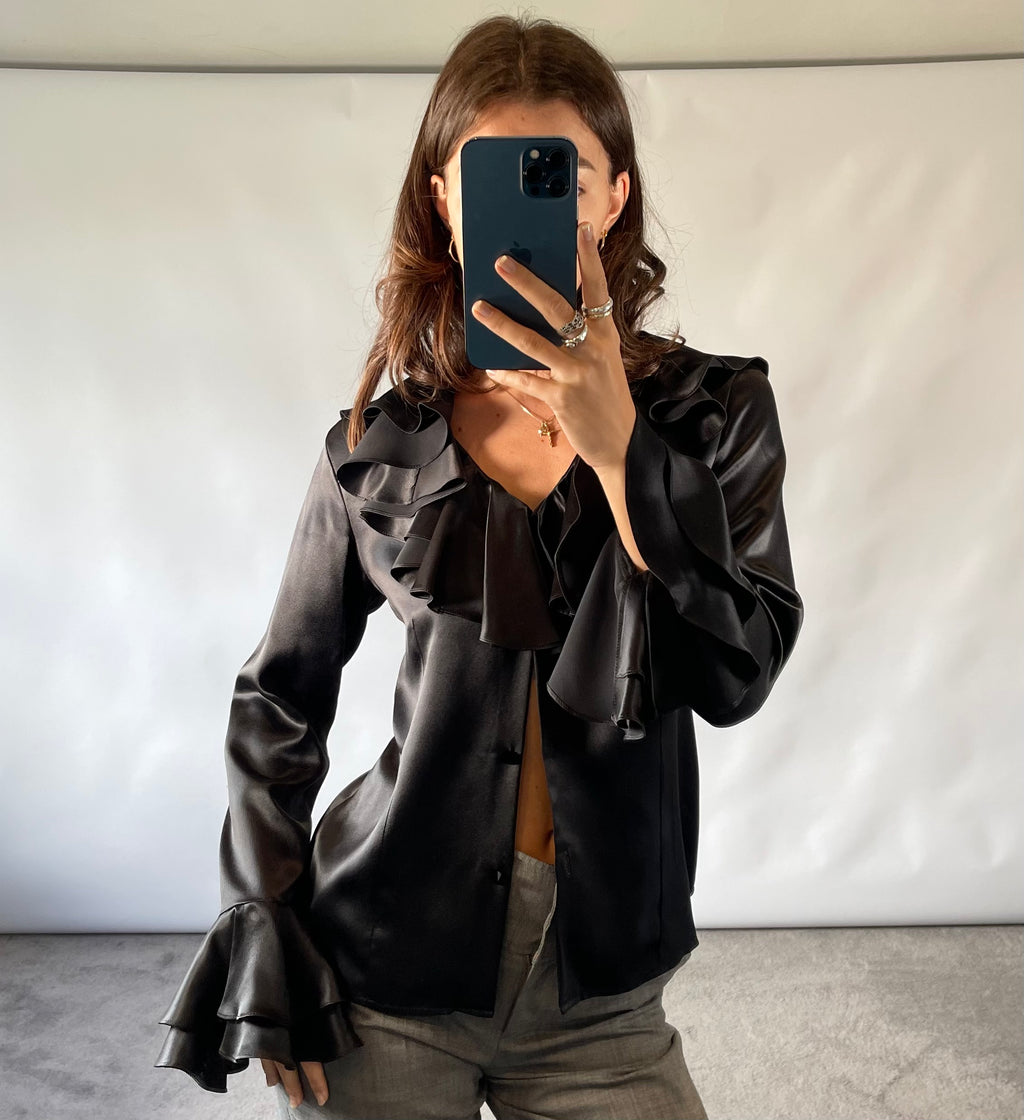 Isabell Kristensen Couture Black Satin Ruffle V Neck Blouse