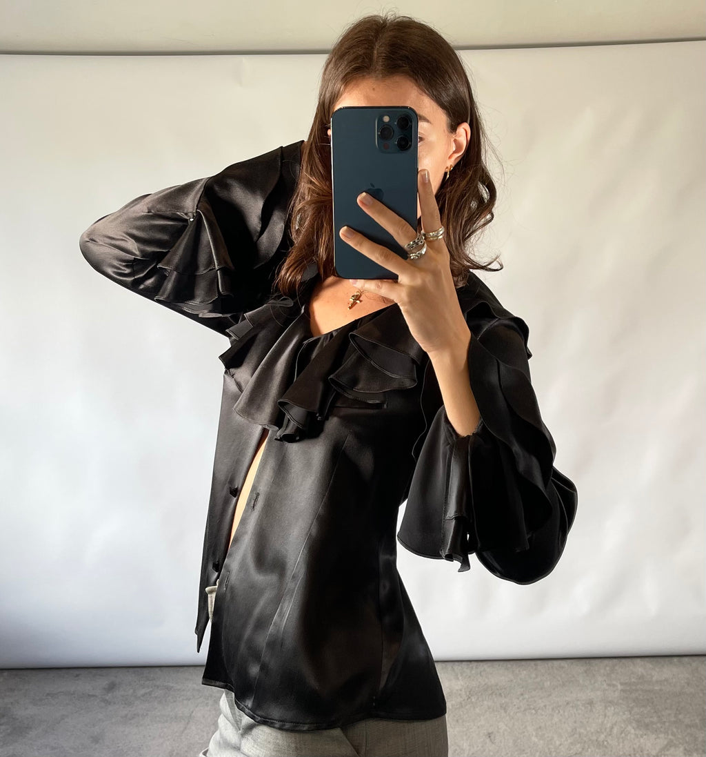 Isabell Kristensen Couture Black Satin Ruffle V Neck Blouse
