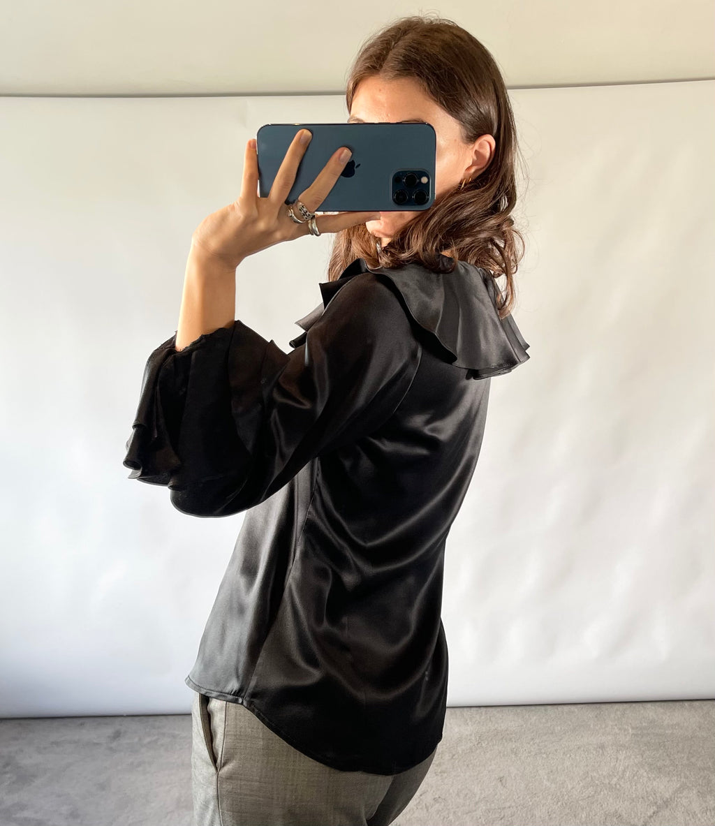 Isabell Kristensen Couture Black Satin Ruffle V Neck Blouse
