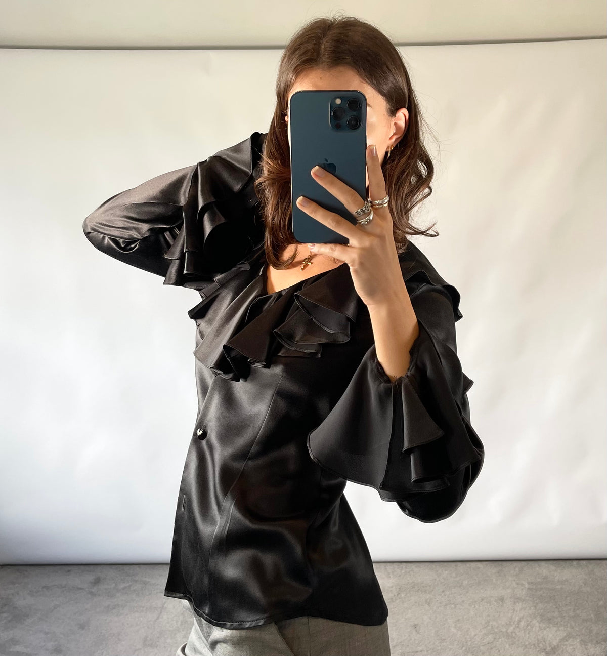 Isabell Kristensen Couture Black Satin Ruffle V Neck Blouse