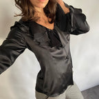 Isabell Kristensen Couture Black Satin Ruffle V Neck Blouse