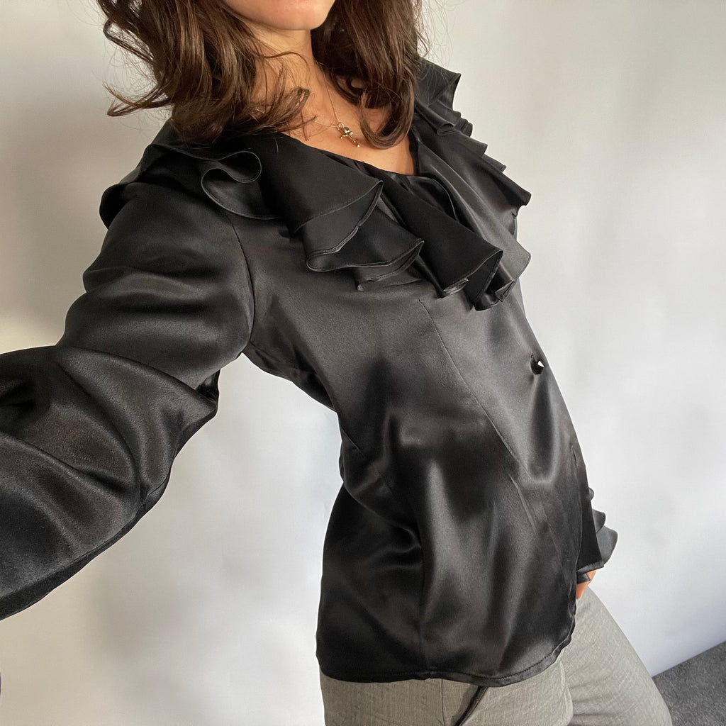 Isabell Kristensen Couture Black Satin Ruffle V Neck Blouse